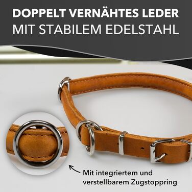 Rund & Weich - Dog Collar with Stop Feature - Size L - 55cm with Adjustable Buckle and Integrated Stable Core, Leather Collar with Pull Limiter, Gentle on Fur Pull Stopper, Cowhide Leather (55 L, Cognac)