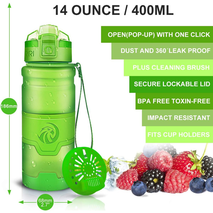 ZORRI Sport Water Bottle for Kids, 500 ml/700 ml/1000 ml, BPA-free, eco-friendly Tritan plastic, reusable water bottles with filter, 1000ml-32oz (Green-400ml, 414 ml)
