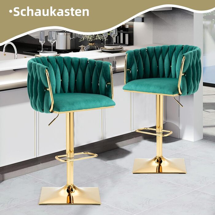 Emerald Velvet Bar Stools 2-Pack - Adjustable Swivel Kitchen Barstools with Backrest for Kitchen & Home Bar