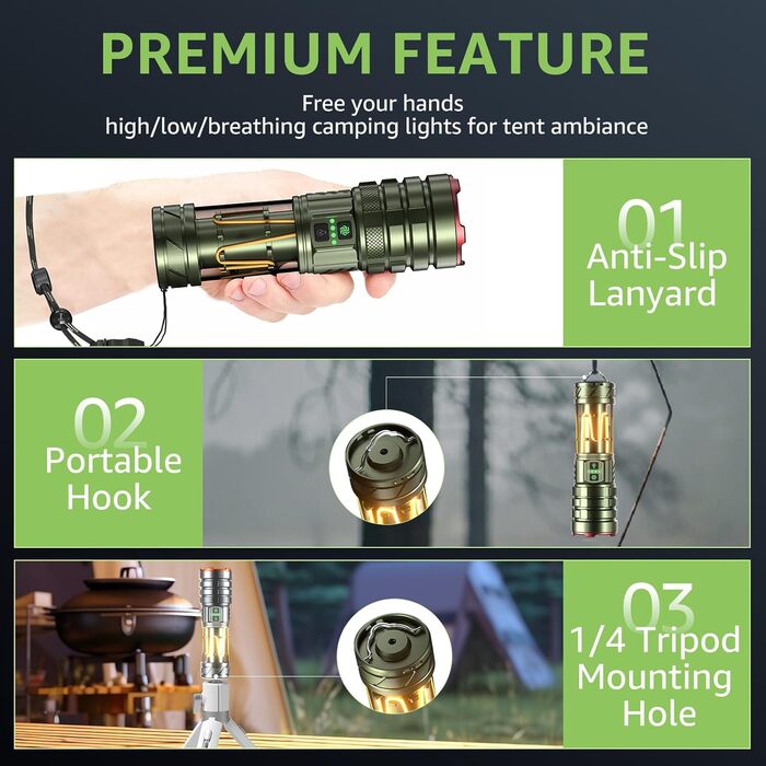 Потужний LED ліхтар 1000000 люмен, акумуляторний, з режимом кемпінгу, регулюванням фокусу, 11 режимів, довга робота від акумулятора, водонепроникний тактичний ліхтар для кемпінгу, відпочинку на природі та надзвичайних ситуацій (зелений)