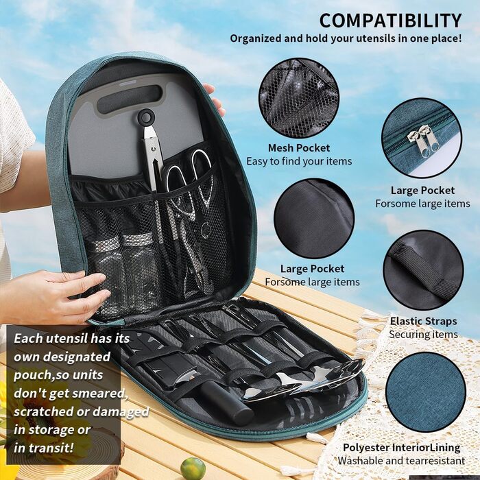 Набір кухонного приладдя для кемпінгу Evanda 10 шт. з нержавіючої сталі: приготування їжі та гриль на відкритому повітрі. Організатор для подорожей, кемпінгу, RV, грилів, пікніків та вечірок.