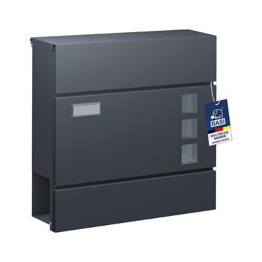 Поштова скринька BASI з м'яким закриттям, оглядовим вікном та табличкою для імені, DIN A4, з 2 ключами, вбудованим відділенням для газет, антрацит, настінна (H37x37x10.4 см)
