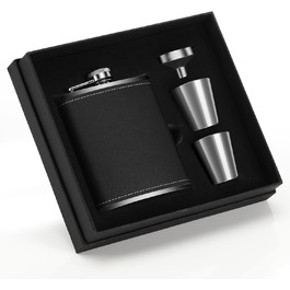 Фляга нержавіюча Kasanni 8oz/230 мл, з келихами та воронкою, чорна шкіряна, для піших прогулянок