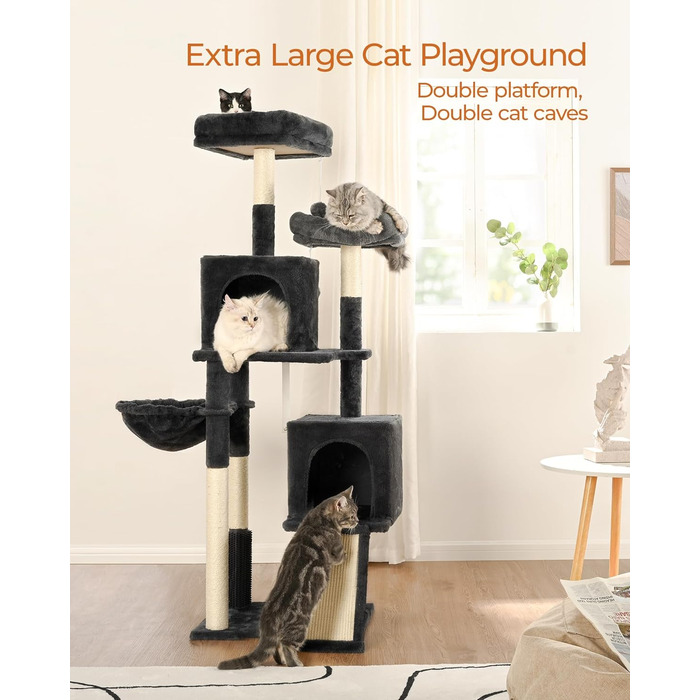 Кігтеточка для котів FourFurPets 156 см, з драбиною з сизалю, 2 платформи, 2 печери, гамак, іграшки, сірий