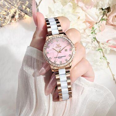 Годинник жіночий OLEVS з діамантами, елегантний, розкішний, на рожевому ремінці з керамічним склом (3651 Roségold)