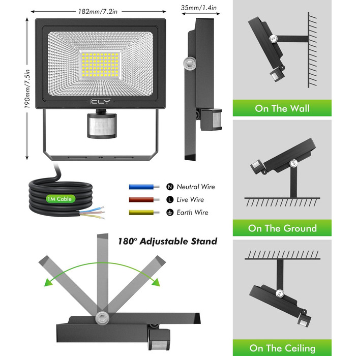CLY 60W LED Floodlight with Motion Sensor, Remote Control, 5640LM, 6500K Cool White, IP66 Waterproof Outdoor Floodlight with Sensor, 4 Modes, 10 Brightness Levels, Spotlight for Garage, Garden, Yard