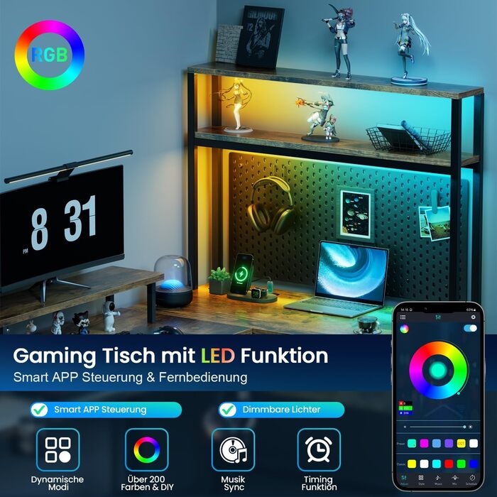 Ігровий стіл кутовий 150x100 см з 3 розетками та 2 USB, зворотний, з LED підсвіткою, з ящиками та підставкою для монітора. Колір: коричневий.