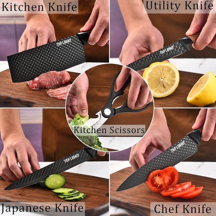 Набір кухонних ножів, 6 предметів, чорний, гострий, з антипригарним покриттям, нержавіюча сталь, з підставкою для ножів (чорний)