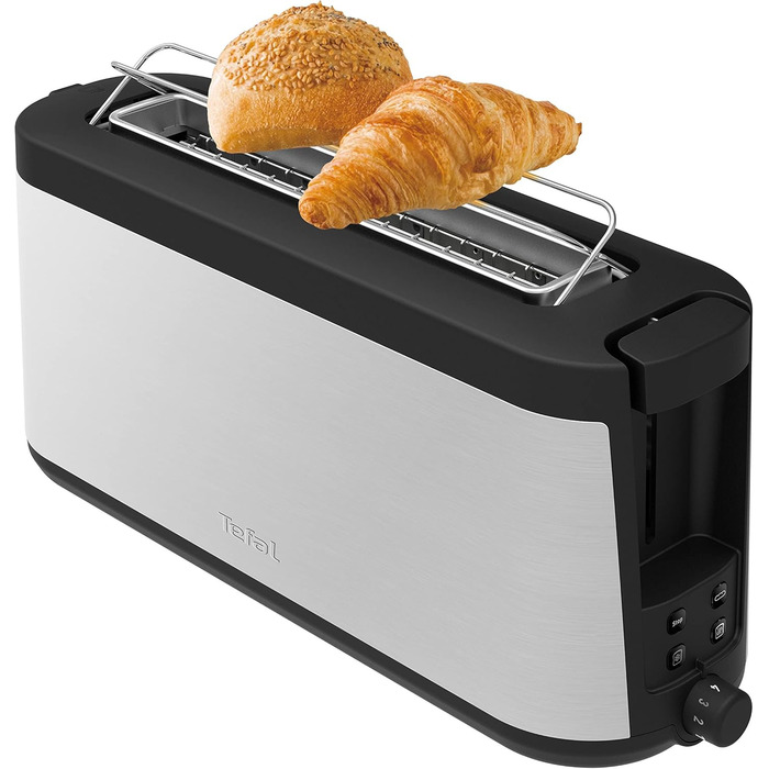 Tefal Element Long Slot Toaster TL4308 | 7 Browning Levels | 1000 Watts | Integrated Bagel Attachment | Elegant Design | Black/Stainless Steel Single