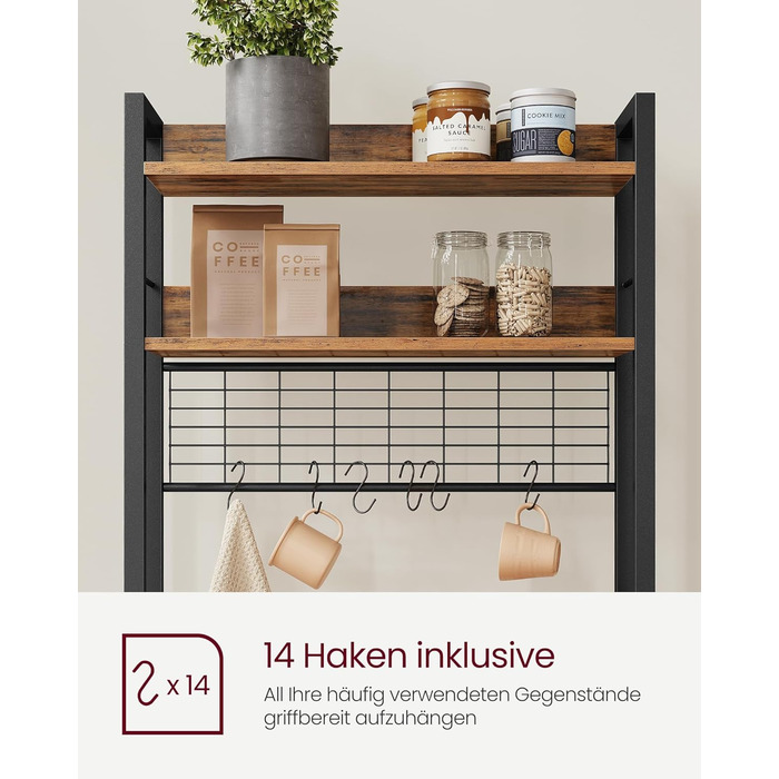 Стелаж кухонний VASAGLE з розетками, для мікрохвильової печі, з решіткою, 14 гачків, антрацит-чорний, 40x60x170 см, вінтажний коричневий + чорний