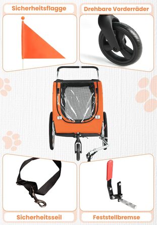 SEPNINE® Велосипедна причепа для собак XL, 2-в-1: причеп та візок для собак з відбивачами та гальмом, матеріал: 600D Oxford Canvas, максимальне навантаження 40 кг, помаранчевий колір