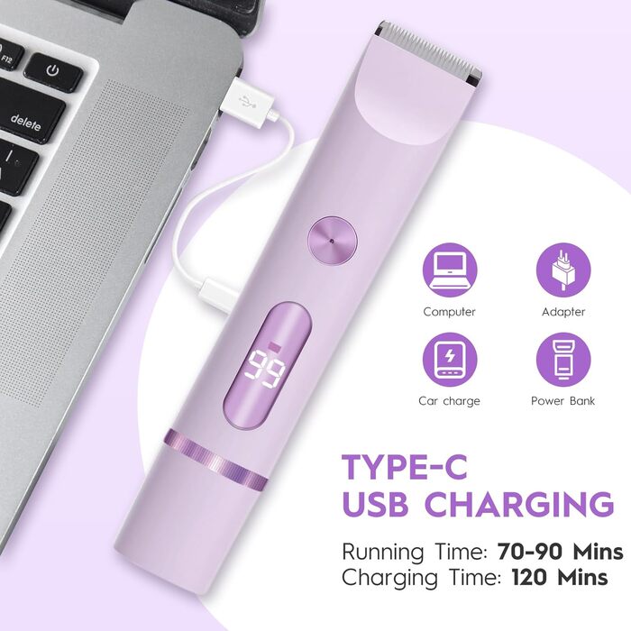 Електричний триммер для жінок, тіло та бікіні, водонепроникний, IPX7, швидке видалення волосся (фіолетовий)