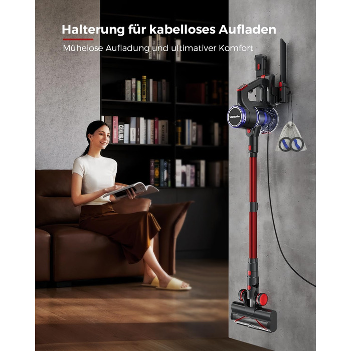 Бездротовий пилосос 48000Pa/550W з акумулятором, 70 хвилин роботи, об'єм 1.6л, 8-шарова фільтрація, тихий, з антизаплутуючим насадкою для твердих поверхонь, червоний, Rot 15 Ultra