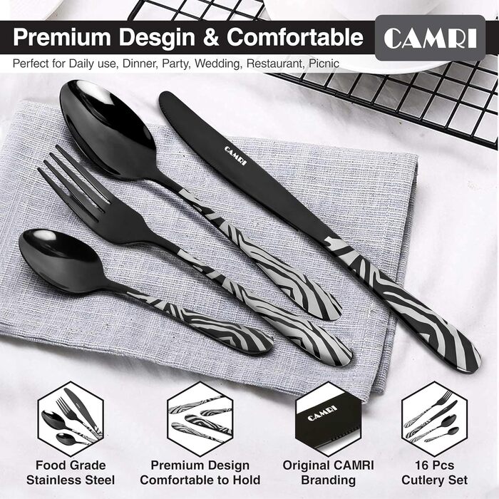 Набір столових приборів CAMRI – 16 предметів, нержавіюча сталь, набір для 4 осіб, легко миється (креузо-чорний візерунок)
