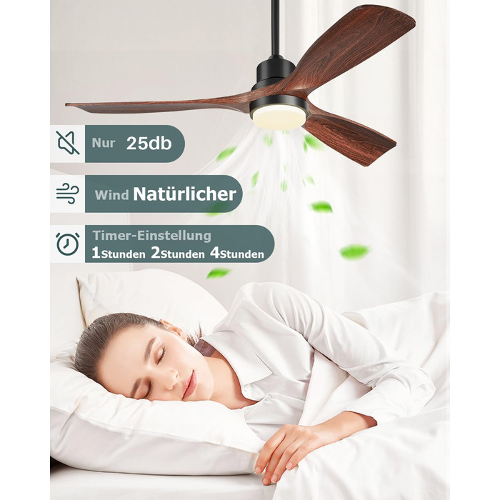 Стеляний вентилятор з підсвічуванням та пультом керування, тихий DC двигун, 132 см, 3 дерев'яних лопаті, таймер, 6 швидкостей, сертифікат ETL, режим літо/зима для спальні, коричневий