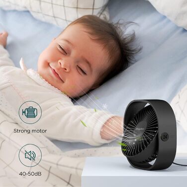 USB вентилятор EasyAcc: компактний, тихий, з 3 швидкостями та 360° обертанням для офісу та дому (чорний, прямокутний)