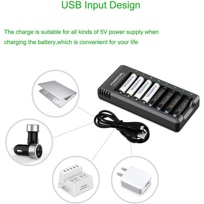 Зарядний пристрій PowerOWL для акумуляторів AA AAA з 4x AA 2800 mAh + 4x AAA 1000 mAh акумуляторами (8 шт.)