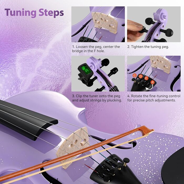 Скрипка Poseidon для початківців: повний стартовий набір з аксесуарами (2 смичка, 2 коліфоні, мостик, запасні струни, підставка, кліп-он тюнер), 4/4, білий/фіолетовий (зіркове небо)