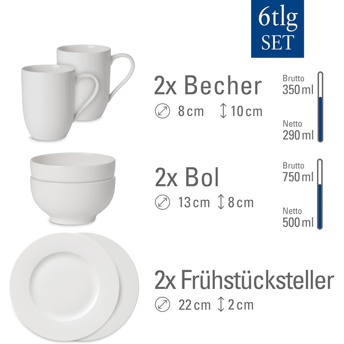 Villeroy & Boch For Me Кружка 2 шт 290 мл Біла, для кави та чаю, Преміум фарфор, Посуд для двох, Підходить для мікрохвильовки та посудомийної машини