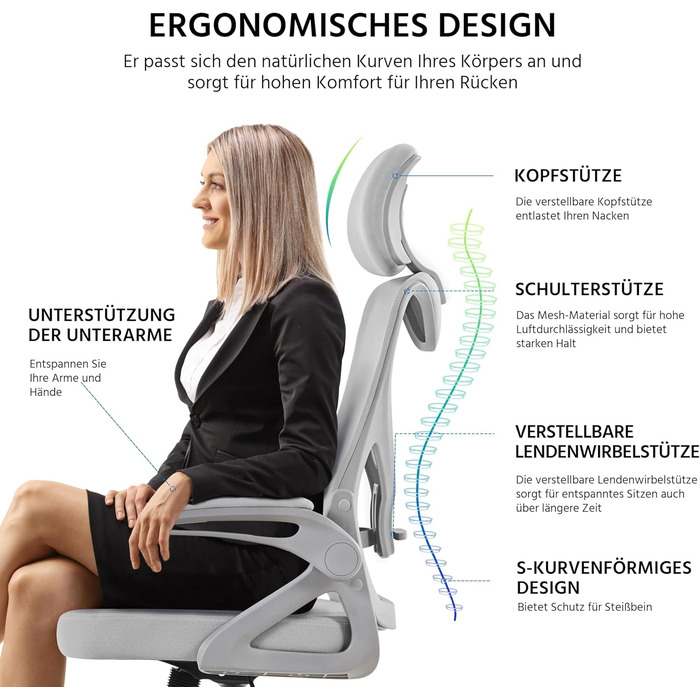 Офісний крісло Yaheetech ергономічне, з підйомними підлокітниками, поворотне з підголівником, для керівника, з функцією гойдання, до 136 кг, сірий