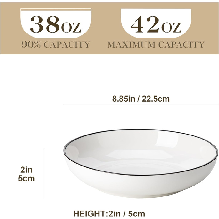 MALACASA Набір посуду 6 предметів: тарілки для пасти, супу, салату, сервірування. Глибокі тарілки для спагеті, велика супова миска. 1250 мл, білий з чорним обідком.