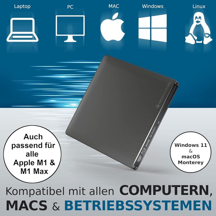 Зовнішній Blu-ray привід techPulse120 USB 3.0 3D Burner M-Disc BDXL Superdrive для PC, Notebook, MacBook, Windows, MacOS, сріблястий (Alu Grau)