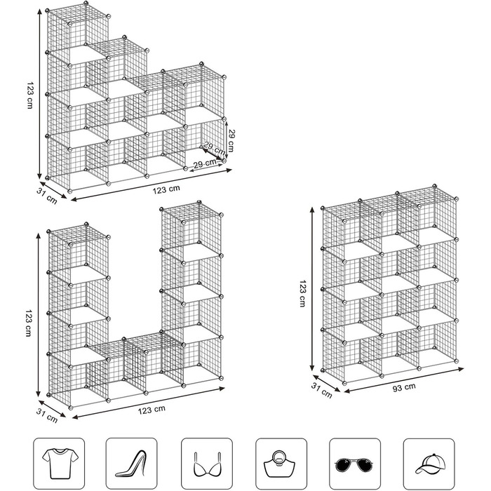 SONGMICS Grid Panel Shelf, Storage System, Cube Shelf, Set of 12 Cubes, for Shoes, Books, Living Room, Bedroom, Expandable, 31 x 93 x 123 cm, White LPI34W