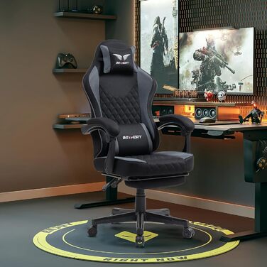 Геймерське крісло Racing Ergonomic Stoff – чорно-сіре з підставкою для ніг та регульованою спинкою (135°)