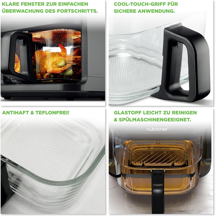 Фритюрниця NutriChef 5.5L біла – електрофритюрниця 8-в-1 з скляною чашею та LED-дисплеєм. Без олії, 360° циркуляція повітря. Для картоплі фрі, курки, овочів та іншого.