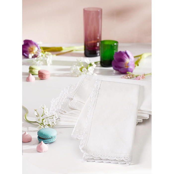 Household Linen Napkins, 20 x 20 inches, Linen, Cotton, Washable and Reusable, Lace Table Napkins for Hotel, Spring, Easter, Weddings and Parties, Very Absorbent, White, 12