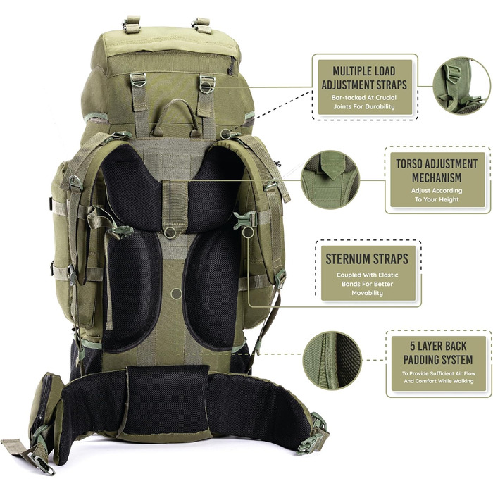 Tripole Rucksack from the Colonel Series with Internal Frame - Featuring Detachable Daypack and Rain Cover (95 Liters, Olive Green)