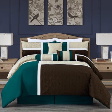 Комплект постільної білизни Chezmoi Collection Upland 7-piece, Patchwork Design, розмір King (Oversized), блакитно-зелений/бежевий/коричневий