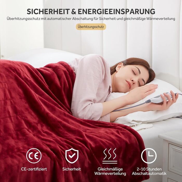 Електрична ковдра Warmrest, фланель, 130x180 см, 6 температурних режимів, таймер 1-10 год, автовимкнення та захист від перегріву, можна прати, 130x180 см (червона)