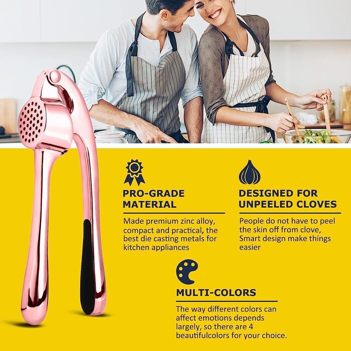 Преміум-нічна прес для часнику з нержавіючої сталі – прес для часнику, подрібнювач та очищувач, набір, стійкий до миття в посудомийній машині та іржавіння (Рожевий)