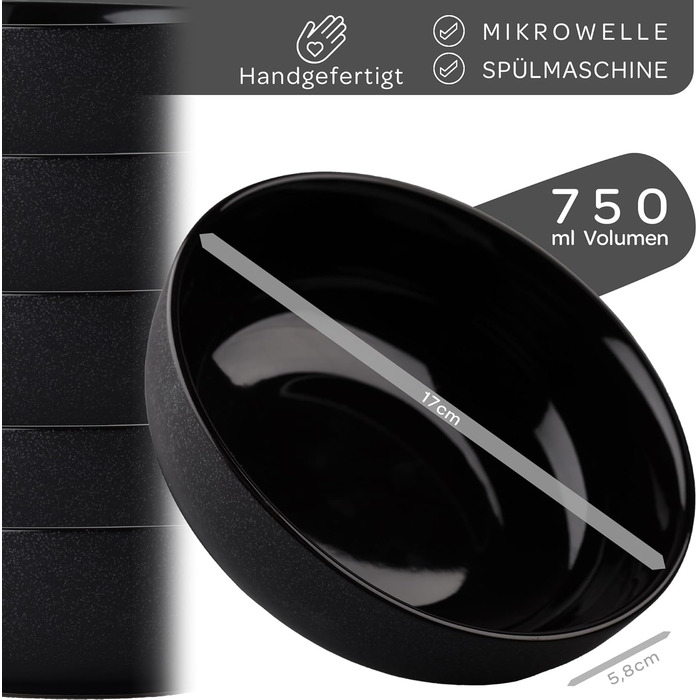 Stone Age Design Bowl Set (6 x 750ml, black) - Extra Large Soup Bowls - Dishwasher-Safe Soup Bowl - Bowl - Cereal Bowl - Salad Bowl Ceramic - Large Cereal Bowl