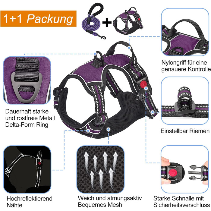 Нашийник для собак Haapaw без натягу, регульований, світловідбиваючий, Оксфорд, зручне керування, середній розмір, з міцним поводом (M, 1 шт.), фіолетовий