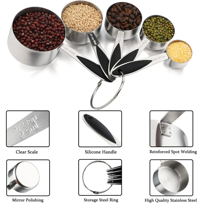 Measuring cup and spoon set includes 5 stainless steel measuring cups, 7 magnetic measuring spoons, and 1 leveler for dry or liquid ingredients (black)