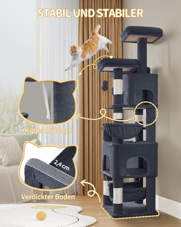 Кігтеточка для котів Hzuaneri, 176 см, XL, 3 платформи, 2 печери, 7 кігтеточних стовпів, гамак, плюшеві кульки, для багатокотових домівок, темно-сірий MS17618SG