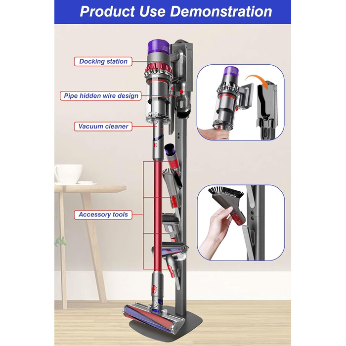Підставка для пилососа Haturi для Dyson Gen5 V15 V12 Detect V11 V10 V8 V7 V6, металева стійка-дозатор, приховане кабельне кріплення, сірий