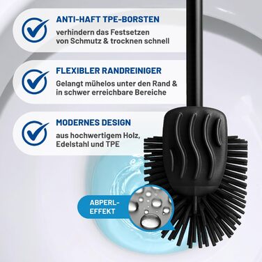 Набір для туалету Rival Life Style з круглою щіткою, ручка з нержавіючої сталі та кришка з масивної букової деревини – ергономічна щітка для туалету – для швидкого та ретельного очищення. (Чорний, щітка з нотками)
