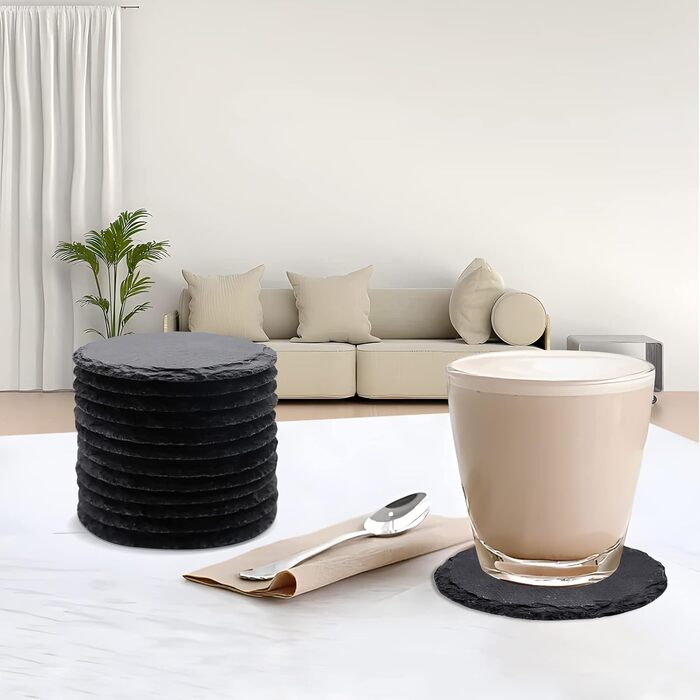24-Piece Round Slate Coasters, VIBRATITE 10.2 cm, Black Slate Coasters with Scratch-Resistant Bottom for Drinks, Bar, Kitchen, Home Decor (60-Piece Round)
