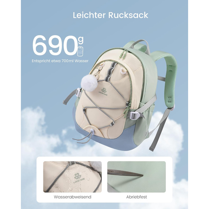 LOVEVOOK Рюкзак для підлітка, шкільний рюкзак 5 клас, рюкзак для дітей з нагрудною стрічкою, легка жіноча шкільна сумка, дитячий рюкзак LOVEVOOK від 8 років для школи, університету, дозвілля, 15.6 дюймів (зелено-біло-блакитний)