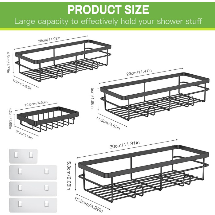 Поличка для душу Uamector без свердління, кутова, металева, з 4 кошиками, телескопічна, регульована по висоті 107-306 см, для ванної кімнати (4 шт, чорний)