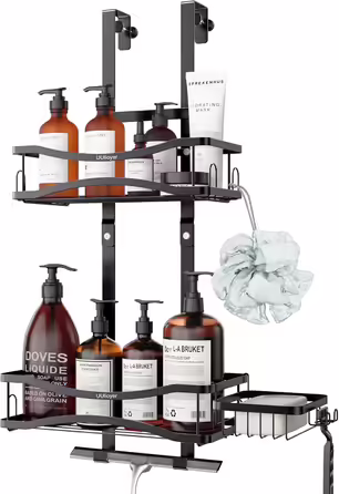 Uuliyer Shower Shelf for Hanging with Soap Holder, Shower Shelf No Drill for Bathroom Door, Shampoo Shower Gel Holder for Shower, Black (Style B)