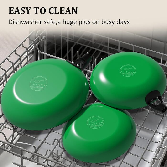 Набір сковорідок YUTANN з чавуну (20, 24, 28 см), з антипригарним покриттям, знімний дерев'яний ручка, для газової плити, індукції, духовки, без PFAS/PFOA, легко миється (зелений)