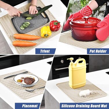 Килимок для сушіння посуду KitchenRaku 40x45 см, силіконовий, термостійкий, неслизький, для мийки, бежевий