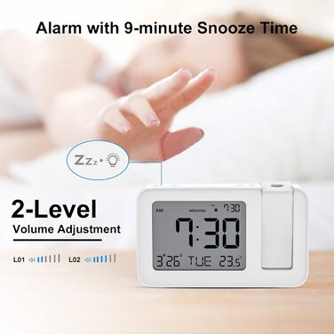 CHEREEKI Projection Alarm Clock, Alarm Clock with Indoor Temperature, 4 Adjustable Projection Brightness, 9-Minute Snooze Function, Digital Alarm Clock Suitable for Office and Bedroom