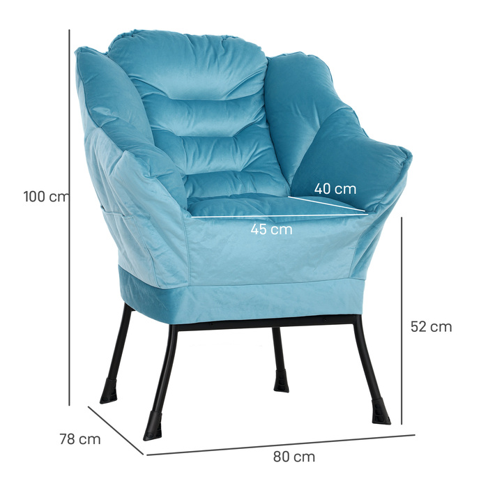 HOMCOM Armchair Living Room Lounge Chair Padded Recliner Chair with Side Pocket, Steel Legs Upholstered Chair with Velvet Look, Single Chair for Bedroom, Blue | Aosom