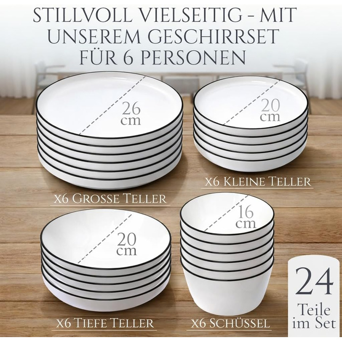 Набір посуду з порцеляни на 6 осіб Scandi, 24 шт. Pure Living, білий колір, чорний край