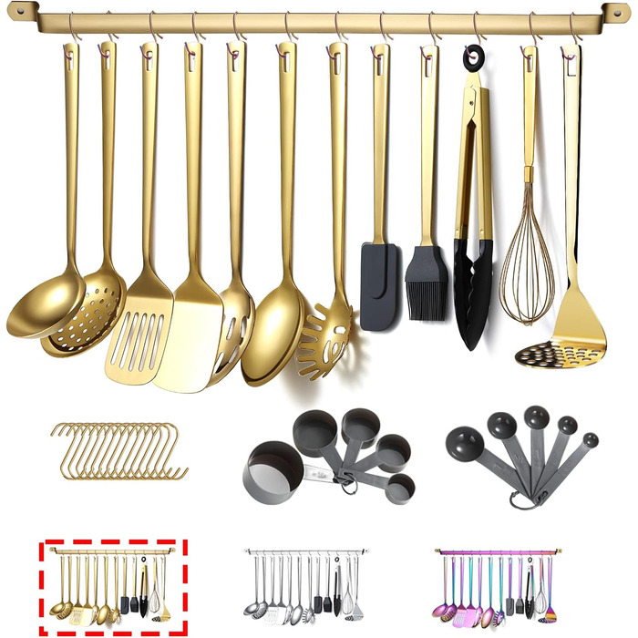Kyraton Gold Kitchen Utensil Set, 37-Piece Stainless Steel Kitchen Helper Set with Titanium Plating, Kitchen Tool Set with Utensil Holder, Cooking Spoon Set Dishwasher Safe